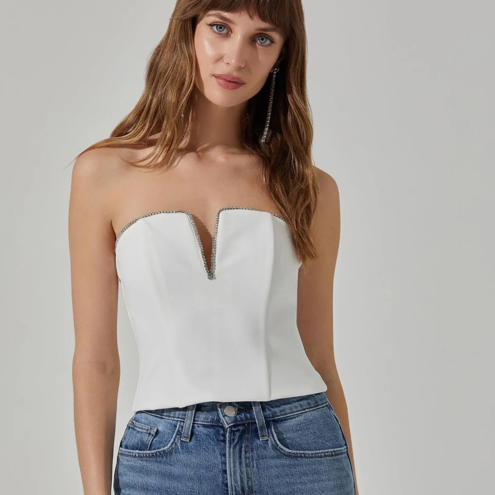 ASTR White Amell Strapless Rhinestone Trim Top